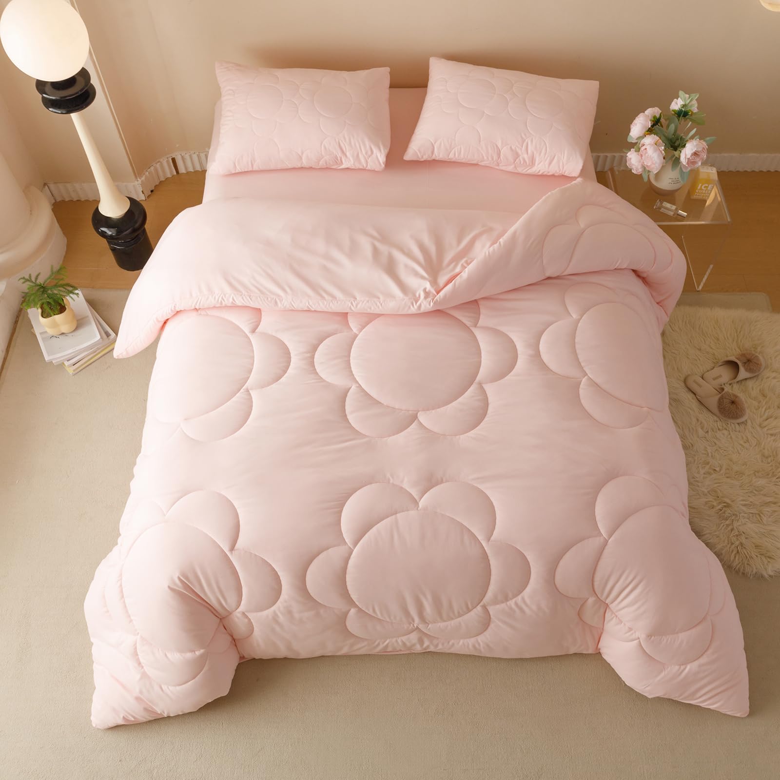 Luxlovery Pink Sunflower Comforter Set Queen Light Pink Quilted Boho Farmhouse Blush Pink Bedding Comforter Set Baby Pink Plain